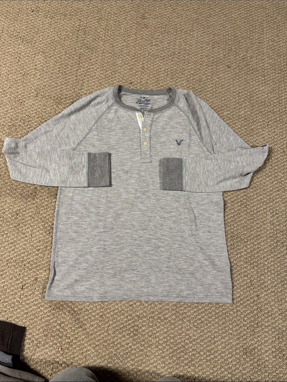 American Eagle Outfitters Gray Long-Sleeve Henley with Dark Gray Accents